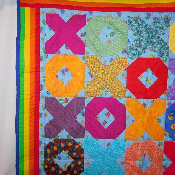 Handmade Bright Colourful Baby Lap Quilt Blanket Rainbow XO Balloons 37" x 49" - Picture 2 of 9